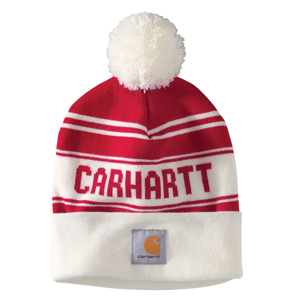 'Carhartt' Adult Knit Pom Pom Cuffed Logo Beanie - Red / White 'Carhartt' Adult Knit Pom Pom Cuffed Logo Beanie - Red / White -Carhartt